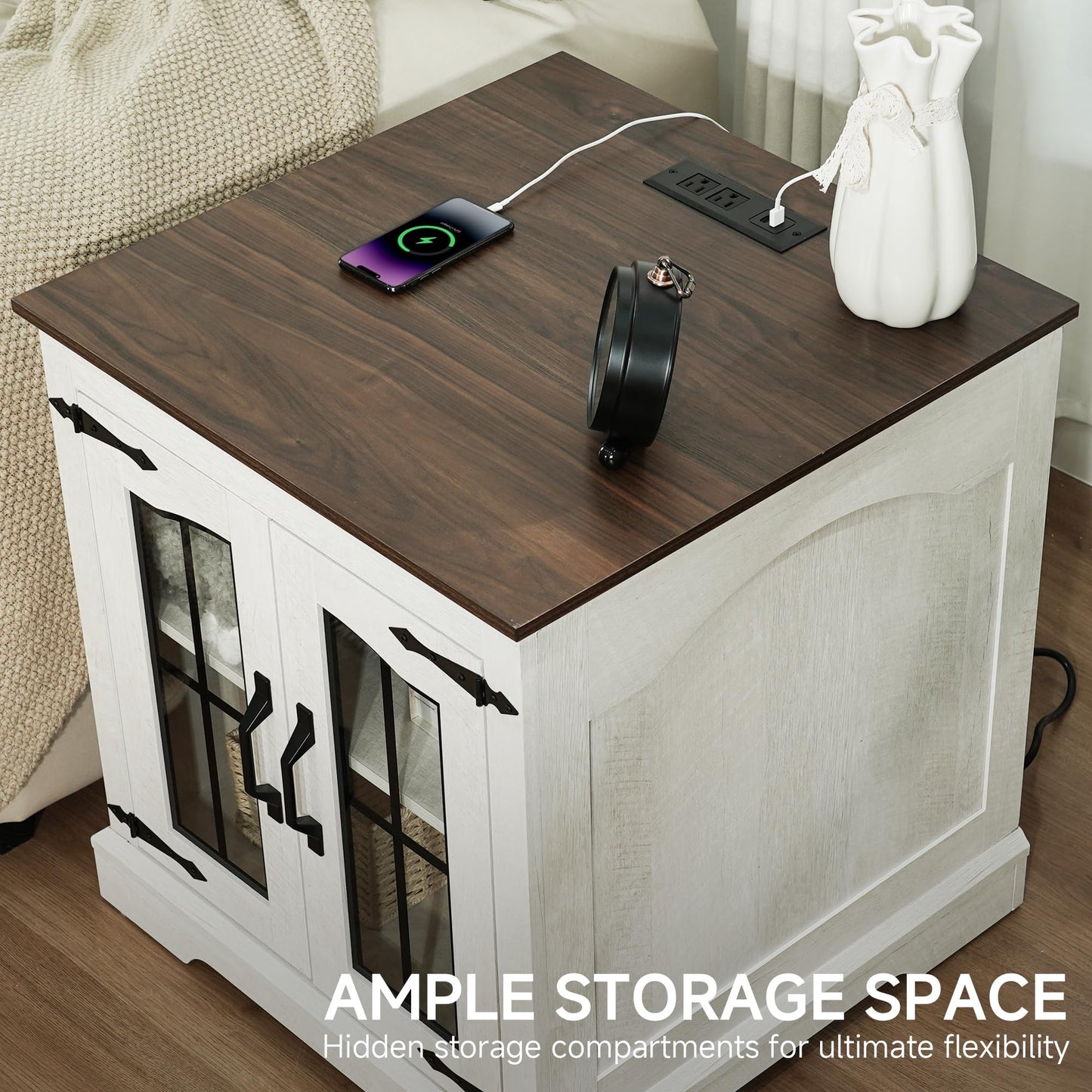 TRONLEE End Table with Charging Station, 23.6" Large Farmhouse Square Nightstand with Glass Barn Door, Sofa Side Table with Adjustable Storage Shelf for Living Room, Bedroom (White Walnut)