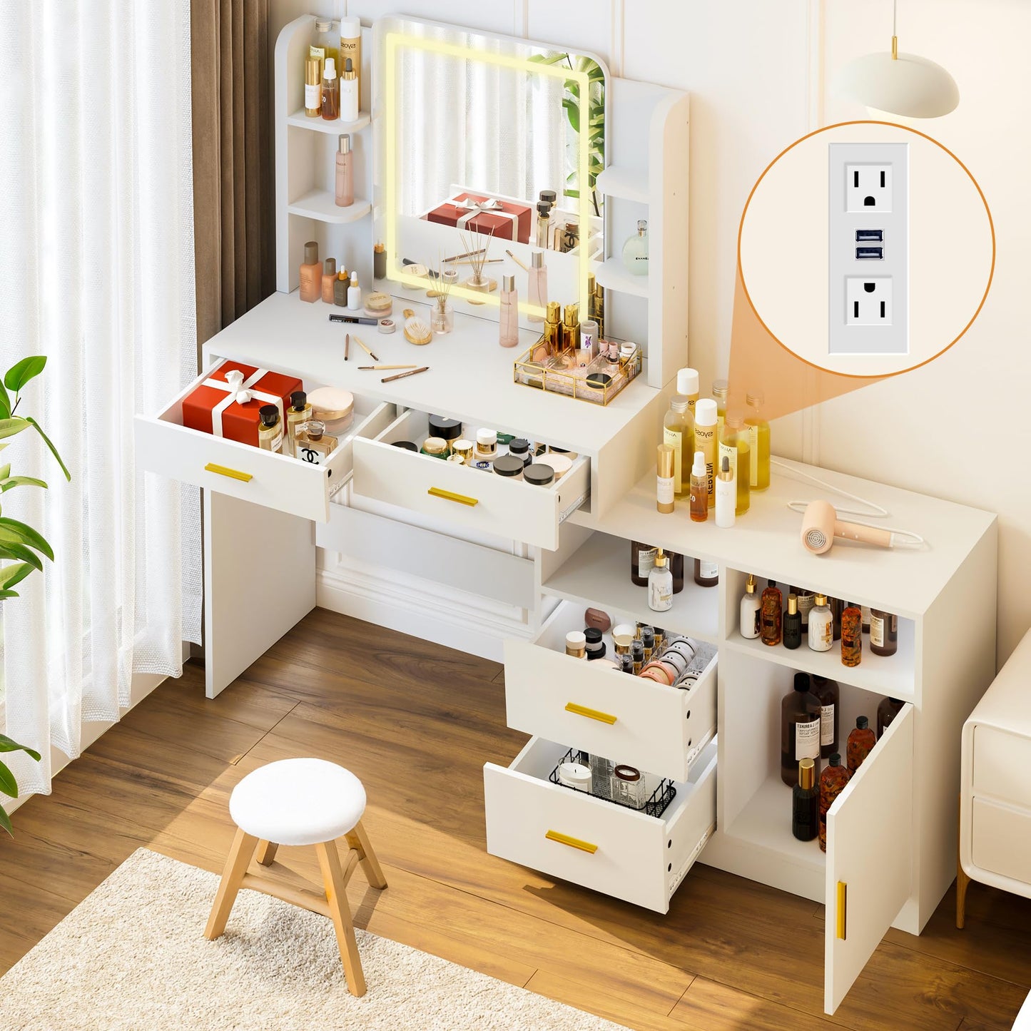 Pamapic 13 Storage Vanity Desk with Lighted Mirror, Makeup Vanity with Power Outlet, White Dresser with Mirror, Dressing Table with 4 Drawers, 8 Shelves and Cabinet, 3 Lighting Colors, Silent Slides
