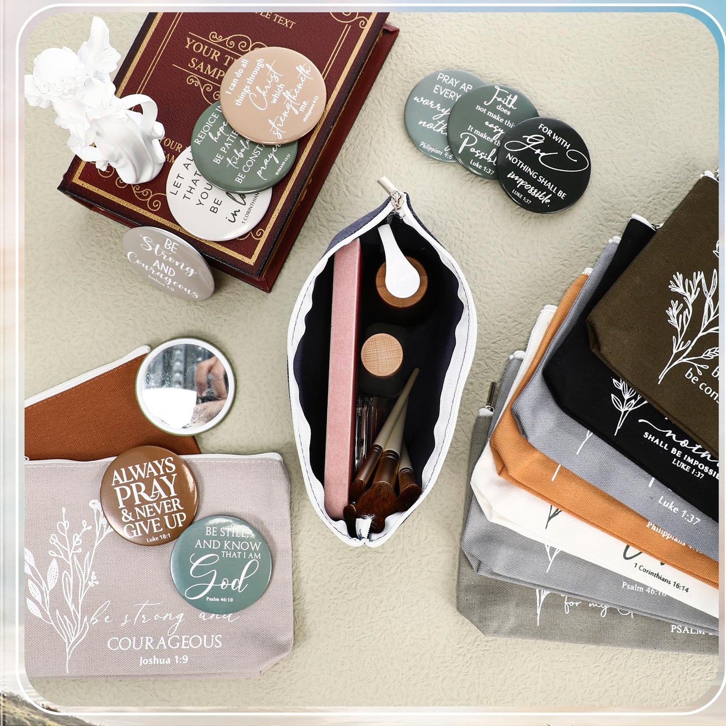 Reginary 10 Sets Grandparent Day Gifts 10 Religious Canvas Makeup Bags 10 Bible Verse Compact Mirrors Church Inspirational Gifts for Ladies Clergy Appreciation Day(Neutral Colors,Aesthetic Style)
