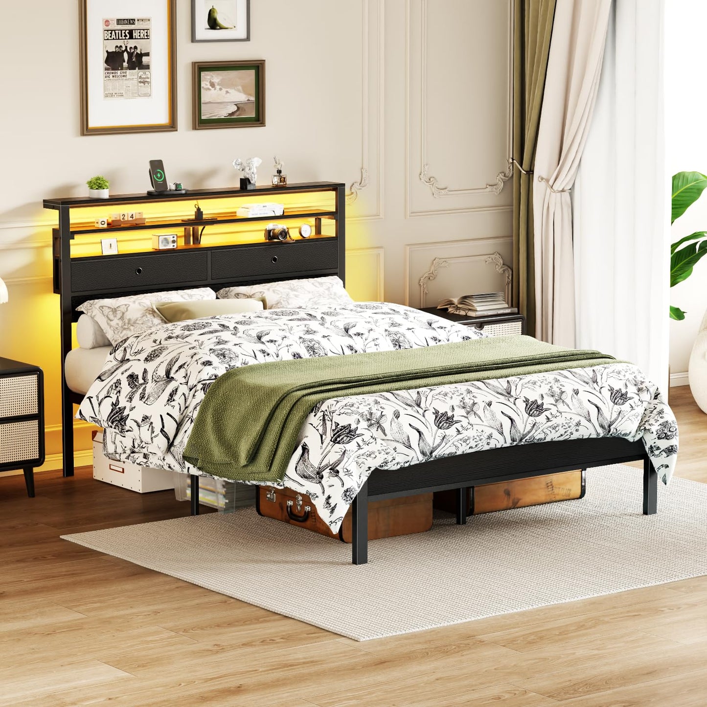 Furnulem Full Size Bed Frame with Headboard & 2 Fabric Drawers, Full Platform Bed Featuring LED Lights, Built-in Charging Station & Storage Shelves, Metal Slats, No Box Spring Needed – Black Oak