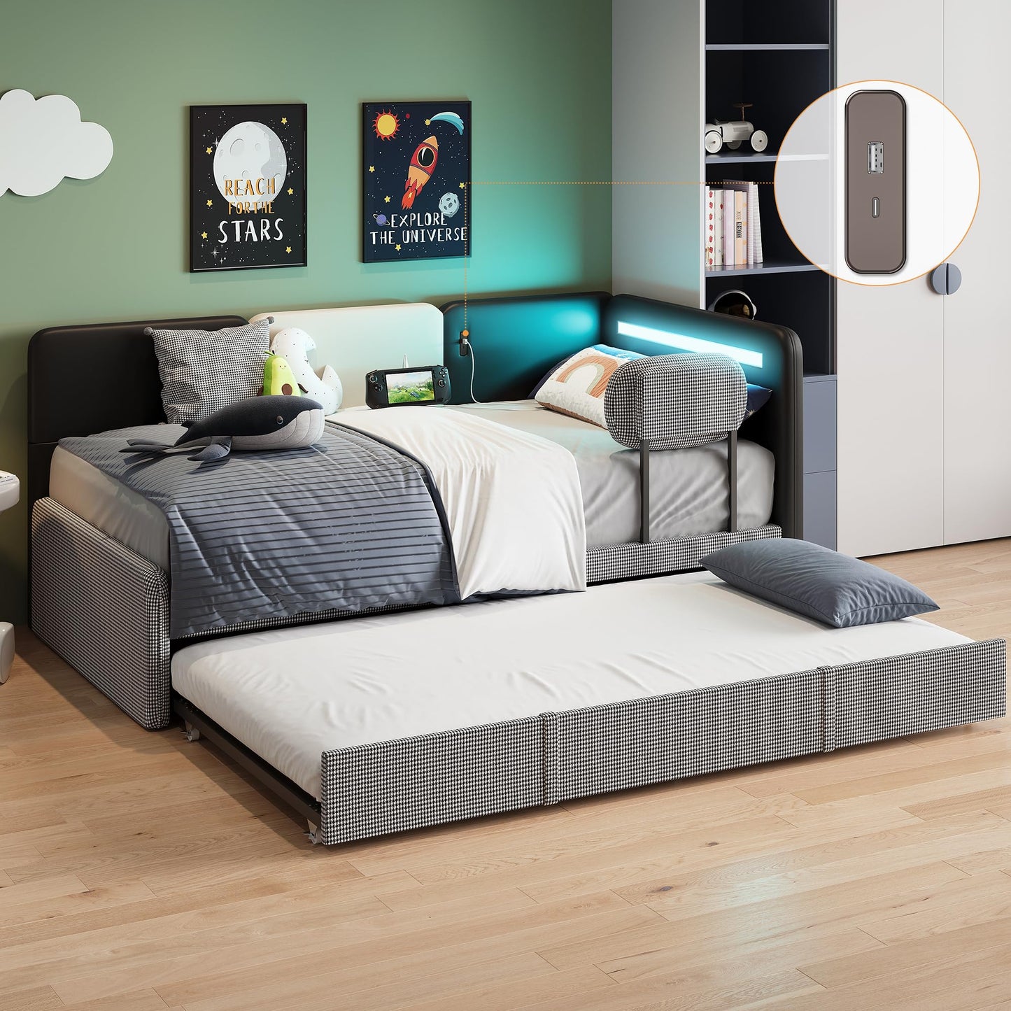LIKIMIO Daybed with Trundle, Twin Day Bed Frame with Upholstered Guardrail, Charging Station & LED, Sofa Bed with Strong Supports, for Bedroom, Living Room, PU Leather