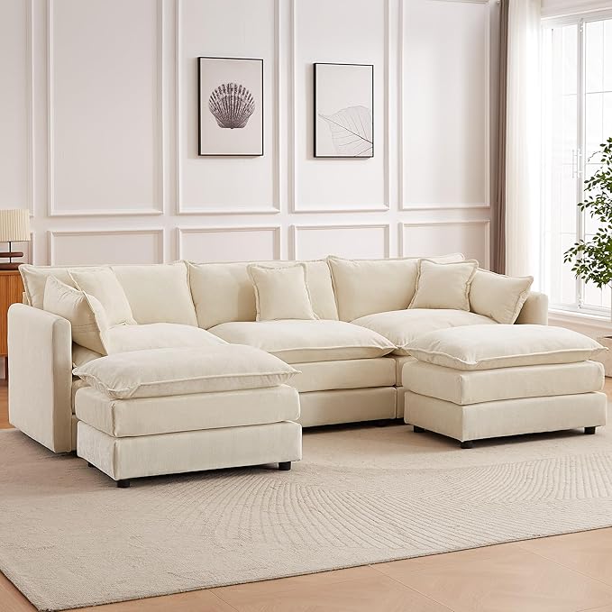 saows Modular Sectional Sofa, 112.2 Inch U Shaped Couch Set with Armrests, 3-Seater Comfy Cloud Couches with Movable Ottoman for Living Room Apartment, Beige