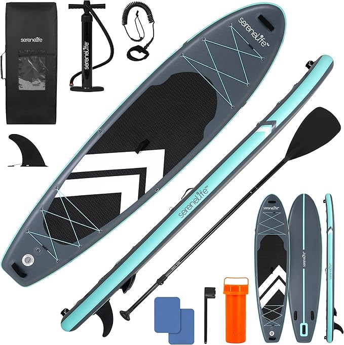SereneLife Inflatable 11’ Stand Up Paddle Board with 32” Wide Platform, Non-Slip EVA Deck, Drop-Stitch Construction, 3-Pie...