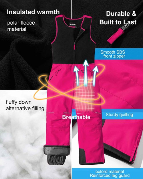 Pursky Girls Snow Bibs Ski Bib Kids Unisex Insulated Snowpant Snowboard Snowsuit Rose Red 8