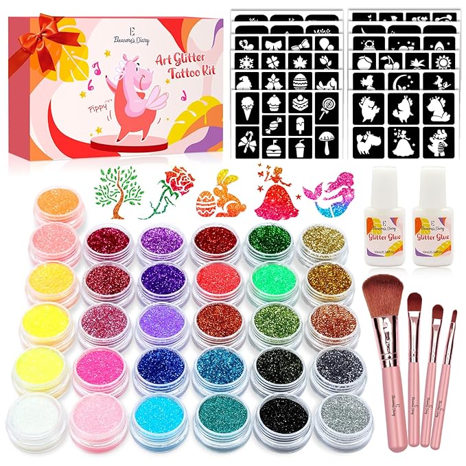 Temporary Glitter Tattoo Kids, Eleanore's Diary 31 Glitter Colors,165 Unique Stencils,2 Glue,4 Brushes,Adults & Kids Arts ...