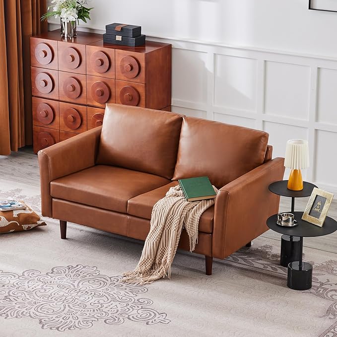 Kingfun Faux Leather 2 Seat Couch for Living Room, Mid Century Modern Sofa with Rolled Arms and Deep Seats, Fluffy Comfort for Apartment, Easy to Assemble, Chestnut