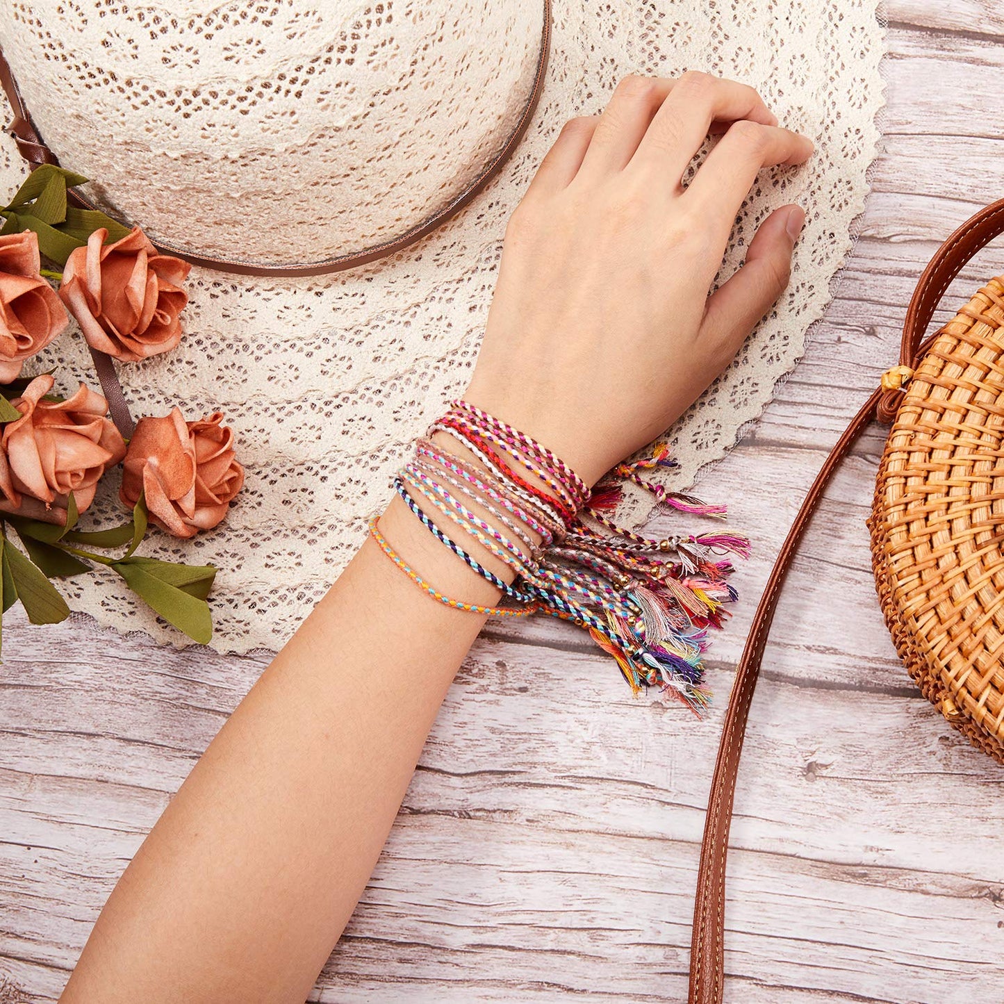Hicarer 28 Pieces Woven Wrap Friendship Bracelets Handmade Boho Braided Friendship Anklets Adjustable Colorful Beaded String Bra