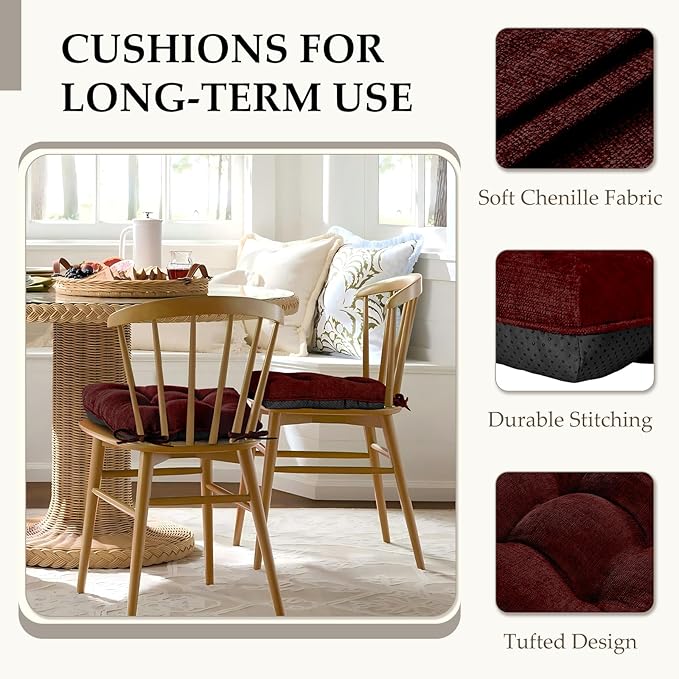 HARBOREST Chair Cushions for Dining Chairs Set of 6 - Chenille Tufted Kitchen Chair Cushions with Ties and Non-Slip Bottom, Foam Chair Pads for Dining Chairs, 17" x 17", Burgundy