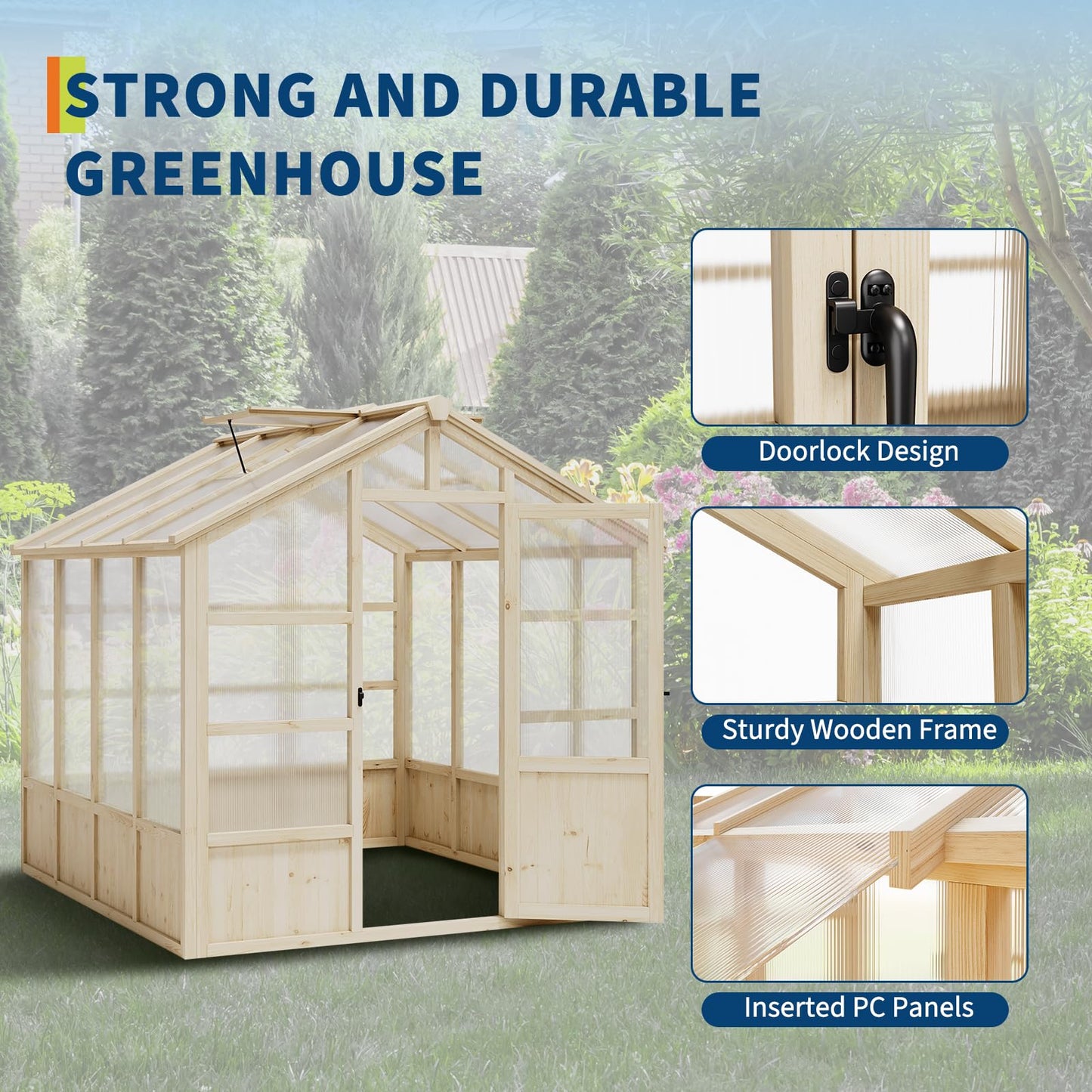 8x8FT Greenhouses for Outdoors, Wooden Greenhouse with Lockable Door, Wood Frame & Adjustable Vent, Polycarbonate Panel Heavy Duty Greenhouse for Outside, Garden, Yard, Light Brown
