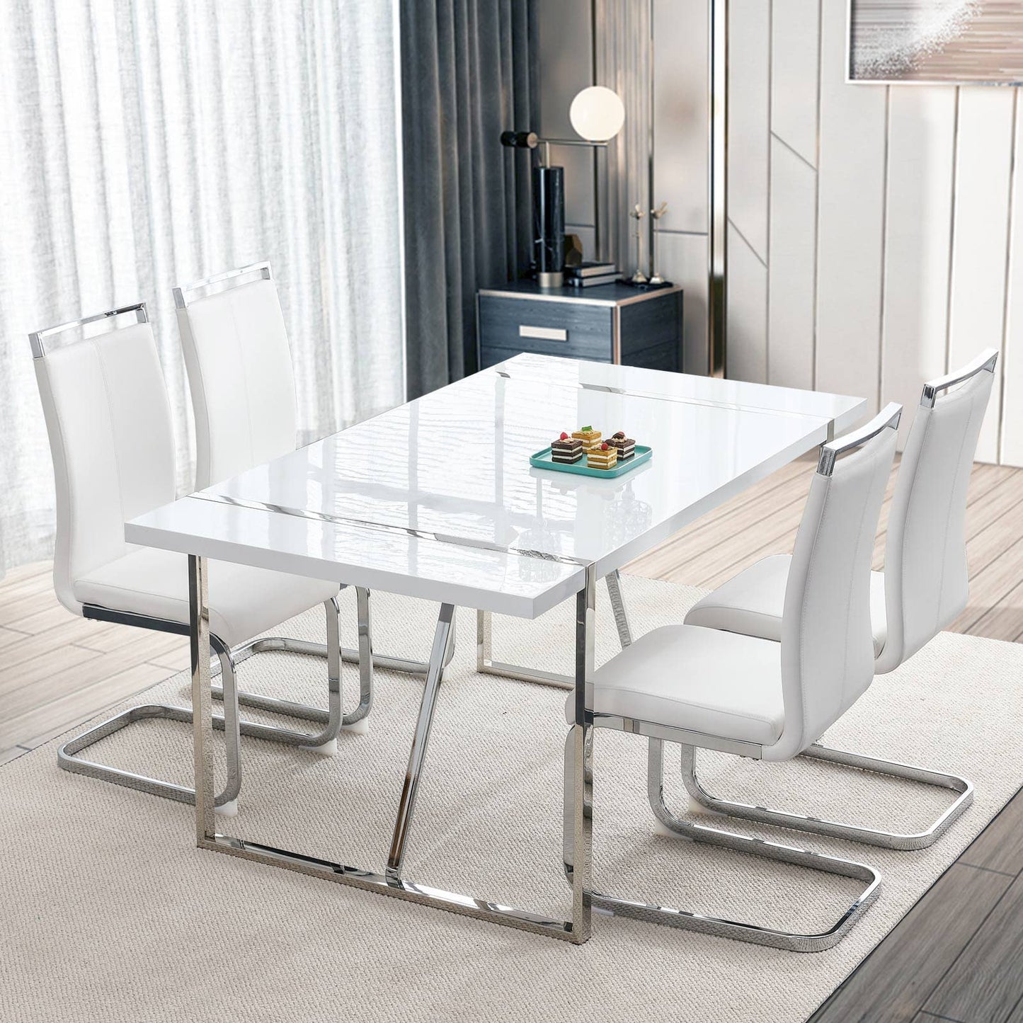 Dining Table Set for 4，White Rectangular MDF Kitchen Table and Leather Dining Chairs Set of 4, 5 Piece Dining Table Set，Modern Metal Frame Dining Room Table Set 4 with Metal Frame For Kitchen