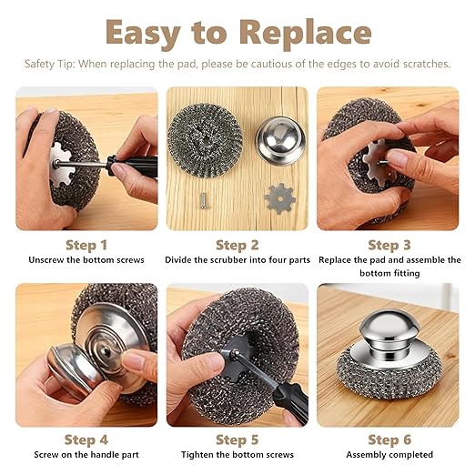 Steel Wool Scrubber, 4-Pack Stainless Steel Scrubber Pads with Handle - The Ultimate Scouring Solution for Rust, Stubborn Messes on Cookware, Grill, Oven & Kitchen Sinks