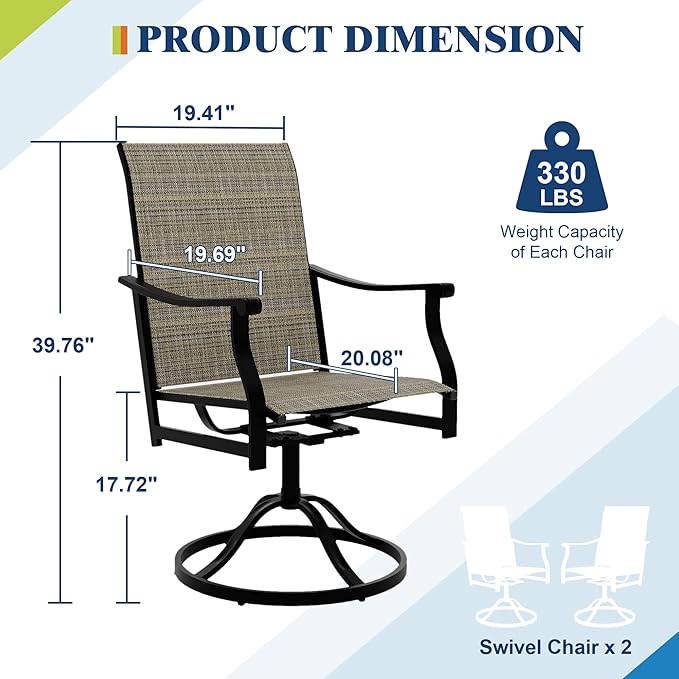 Outdoor Swivel Dining Chairs with Textilene Breathable Back, Swivel Patio Dining Chairs Set of 2, SwivelPatio SlingChairs Set for Poolside Lawn Garde