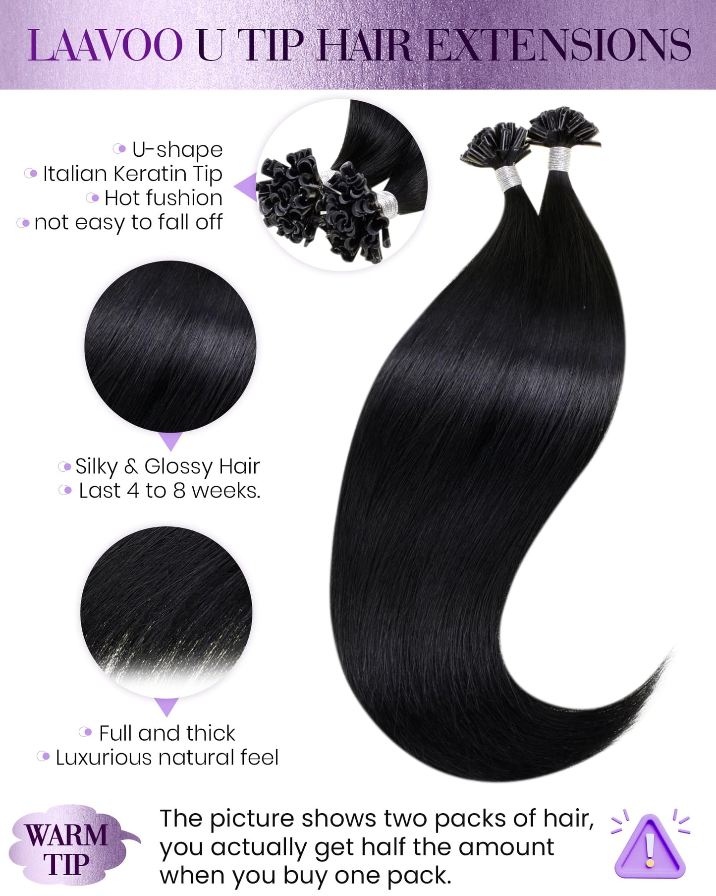 LaaVoo U Tip Hair Extensions Human Hair Jet Black K Tip Hair Extensions Real Human Hair Black Ktip Human Hair Extensions Hot Fus