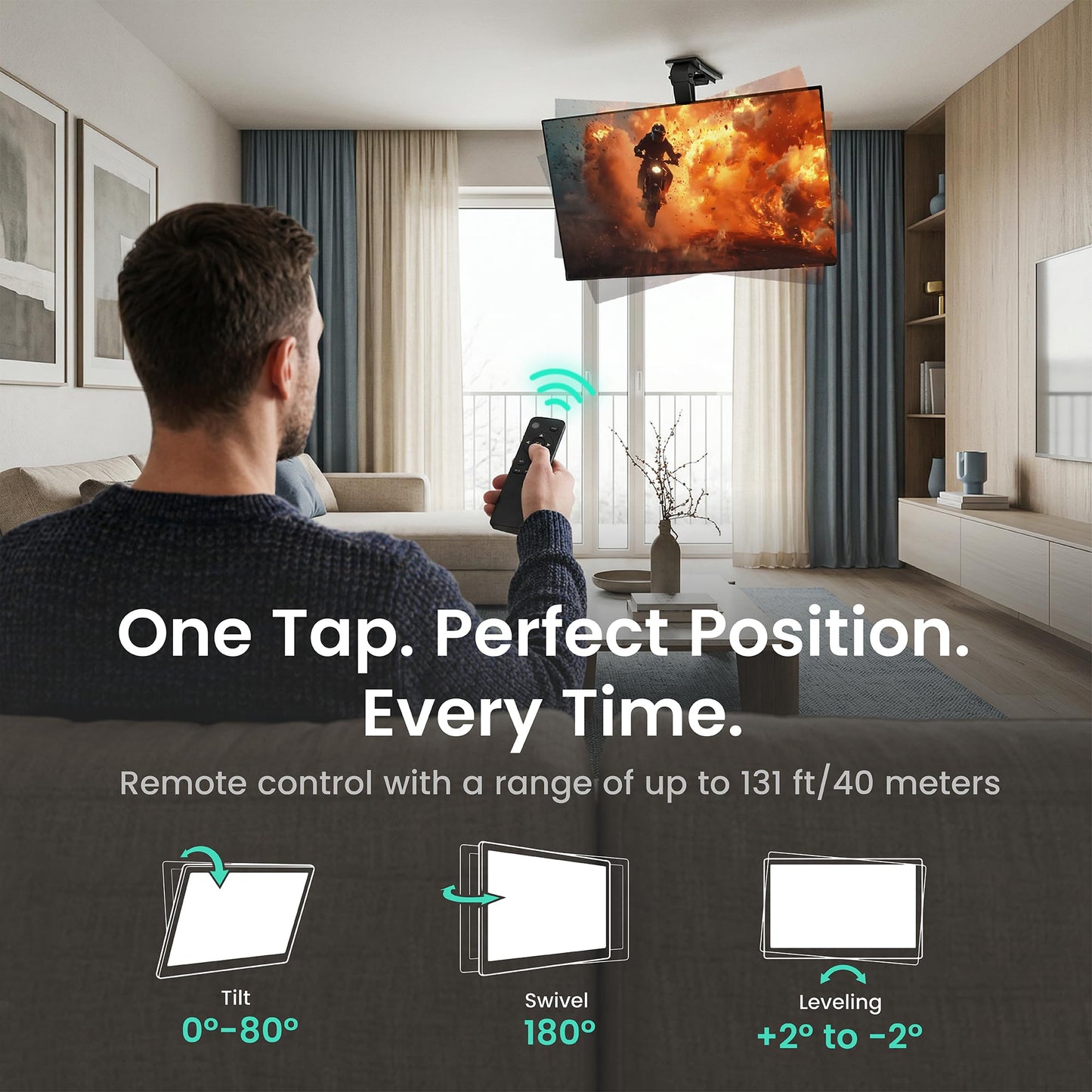 ynVISION.DESIGN Motorized Electric Ceiling TV Mount with Remote for 37-75 Inch TVs - Smart TV Flip Down Ceiling Mount with Cable Management -Max VESA 600x400 - 99 lbs, Voice/App Controlled, 0-80° Tilt