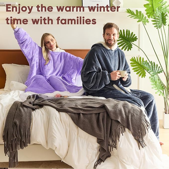 yescool Wearable Blanket Hoodie, Flannel Sherpa Fleece Blanket Sweatshirt for Adults Women Men,One Size Fits All