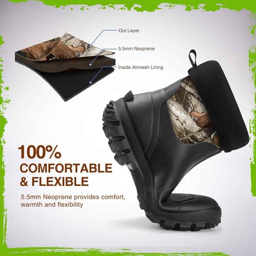TIDEWE Rubber Boots for Men, 5.5mm Neoprene Insulated Rain Boots with Steel Shank, Waterproof Mid Calf Hunting Boots, Sturdy Rubber Work Boots for Farming Gardening Fishing (Next Camo G2 Size 10)