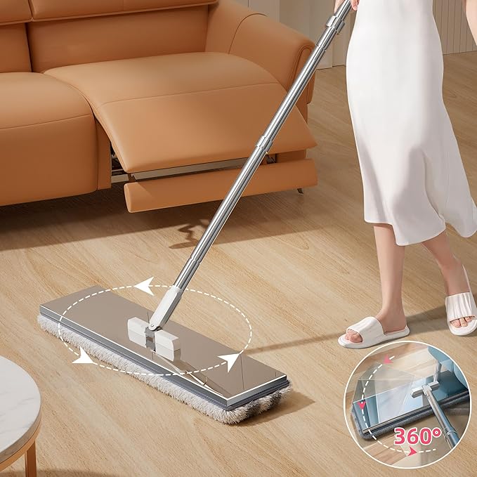 Separates Dirty Water Mop, Flat Mop and Bucket for Home with 4 Extra Refills, Stainless Steel Mop and Bucket with Wringer (Purple)