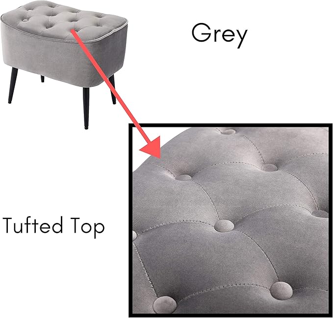 BIRDROCK HOME Tufted Curve Ottoman Velvet Foot Stool - Upholstered Padded Footrest for Living Room or Bedroom - Small Cushioned Accent Chair for Couch, Sofa, Large Seating - Modern Furniture - Grey