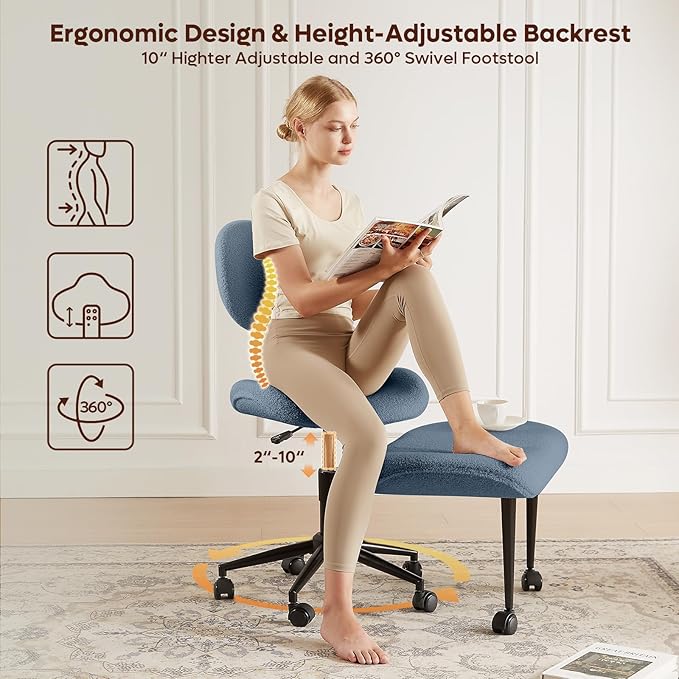 Cross Legged Office Chair with Wheels for ADHD, Ergonomic 360° Swivel Height-Adjustable Meditation Chair for Yoga, Wide Kneeling Chair with Strong Lumbar Support, Teddy Fabric, Blue
