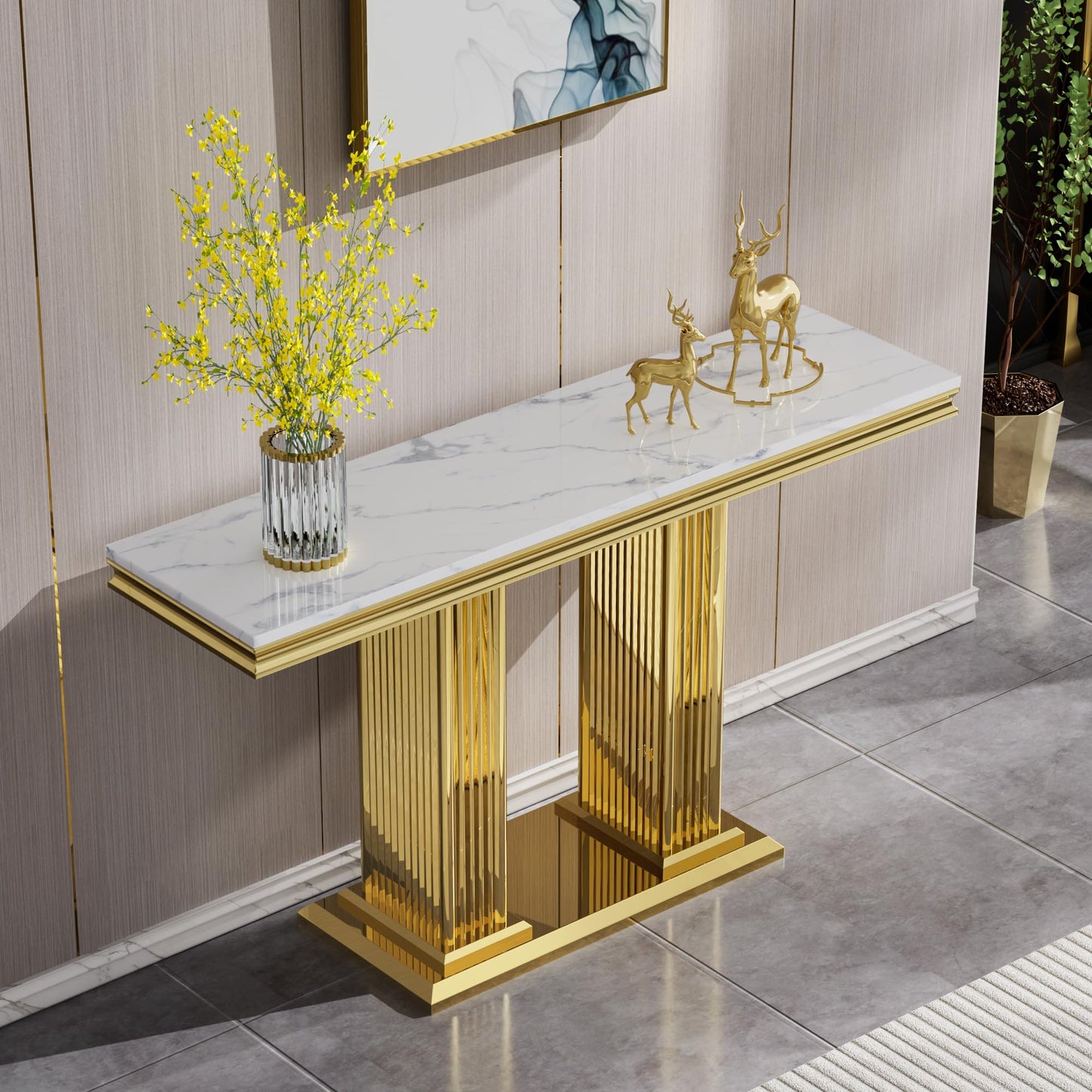 HomVent 47" Console Table, Narrow Entryway Table, Living Room Side Table, Hallway Table, Faux Marble Entry Table with Mirrored Stainless Steel Base