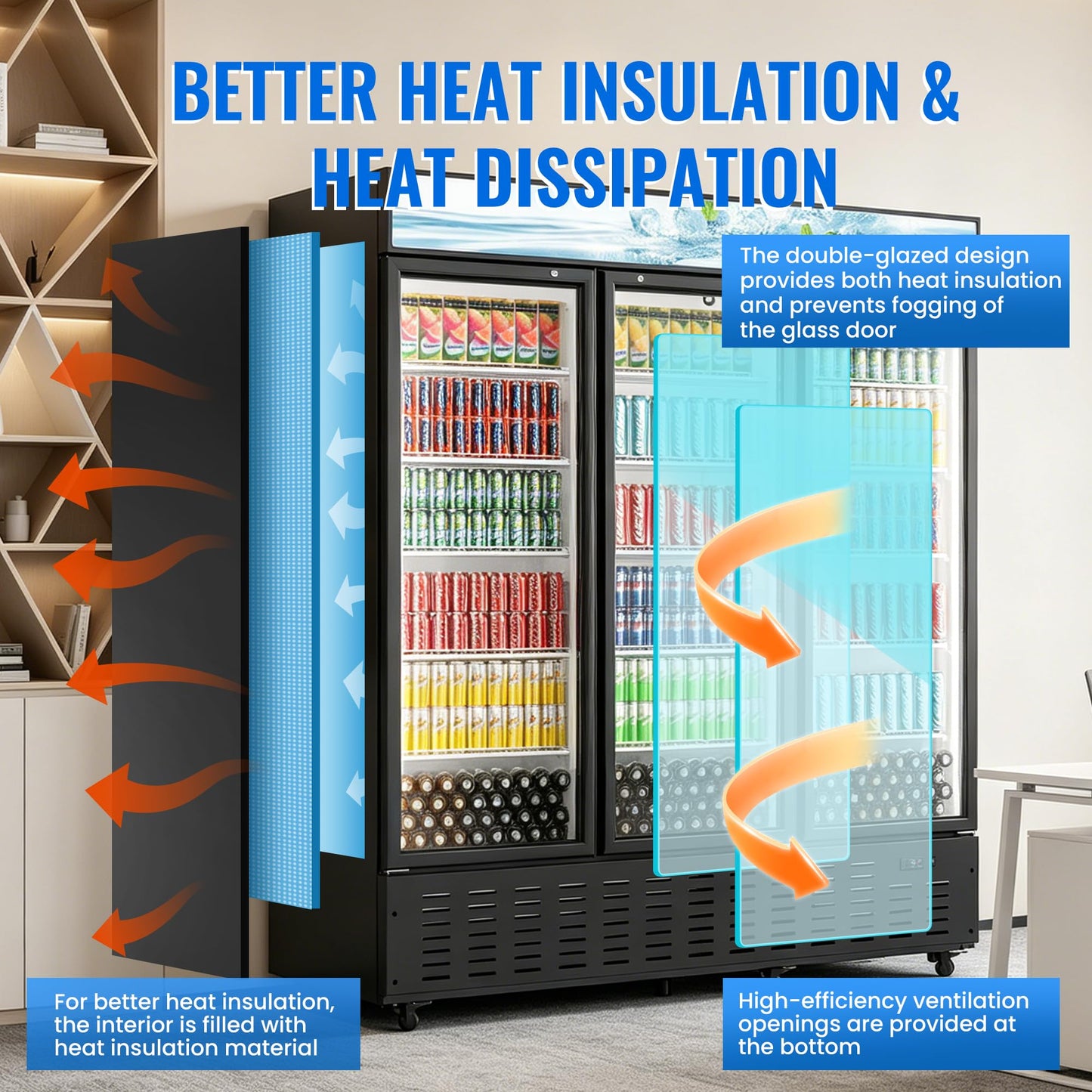 Frostvale 62 Cu.Ft Commercial Display Refrigerator, Black 3 Glass Door Beverage Cooler with Lighted Header, Large ETL Upright Merchandiser Fridge for Drinks, Soda, Beer, Restaurant, Store