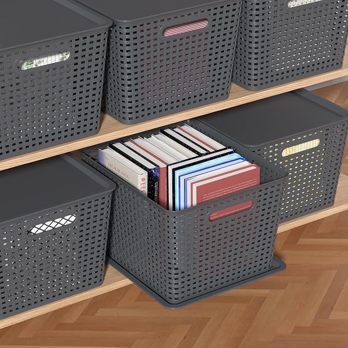 6-Packs Grey Woven Storage Baskets Bins with Lids, Plastic Large Stackable Baskets Box, 13.58'' x 11.42'' x 8.7''