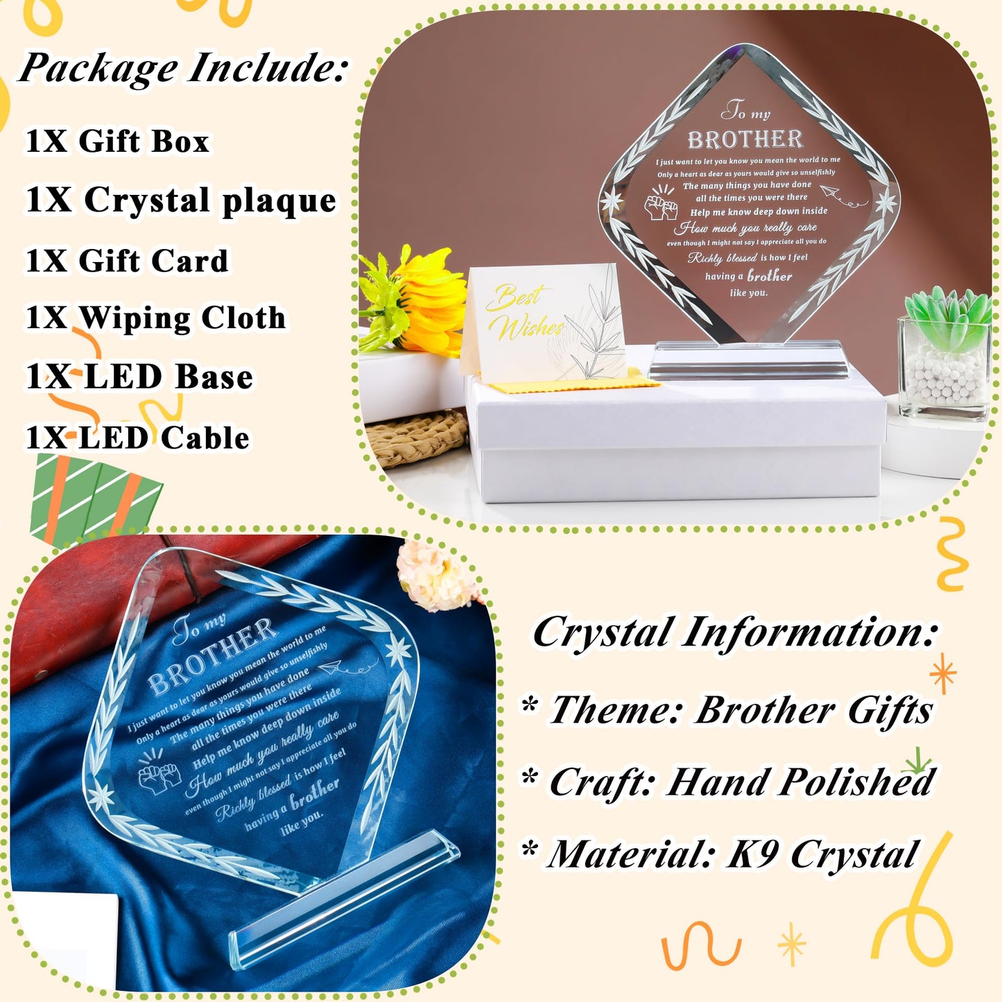Enjinkail Gifts for Brother from Sister Crystal Brother Plaque Keepsake Meaningful to My Brother Gifts for Adult, Fathers Day, Christmas, Birthday, Valentine's Day, Thanksgiving Day