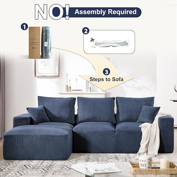 108" Modular Sectional Sofa, Compression Sofa with Deep Seat, Modular L-Shape Couch with Chaise, Upholstered Couches for Living Room Bedroom, No Assembly Required (Blue Corduroy, 108" L Shape)