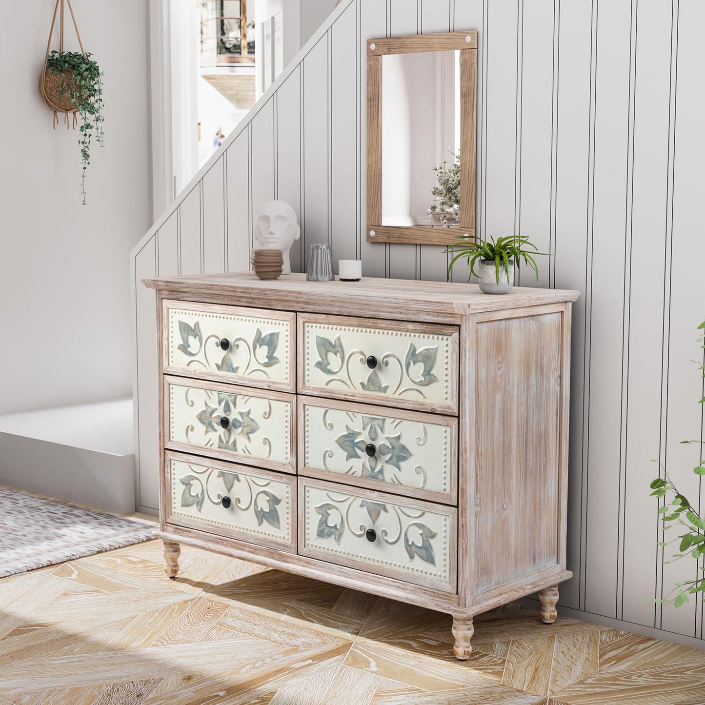 VINGLI Wash White Dresser for Bedroom, 6 Drawer Dresser Chest of Drawers, Boho Dresser Wooden, French Country Dresser with Carved Flower Pattern Drawers & Solid Wood Legs