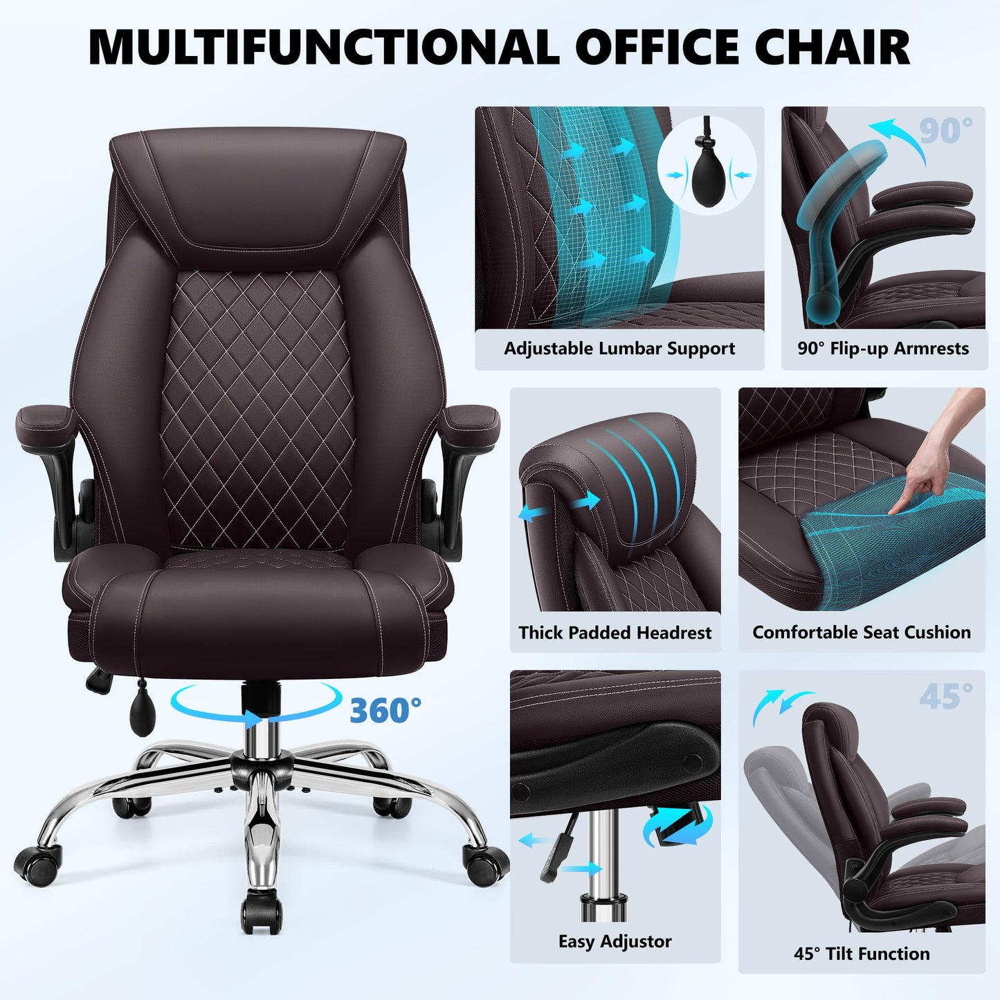 Office Chair, Big and Tall Ergonomic Desk Chair, Executive Leather Computer Chair with Adjustable Lumbar Support, Comfy Gaming Chair with Flip Up Arms, Swivel PC Chair with Rocking Function, Coffee