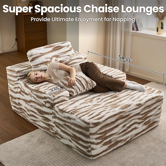 ovios 67'' Chaise Lounge Chair Indoor, Oversized Upholstered Sofa Bed, Sleeper Couch Reading Chairs Fluffy Plush Faux Fur Cloud Sofas Couches for Living Room, Brown Zebra Print