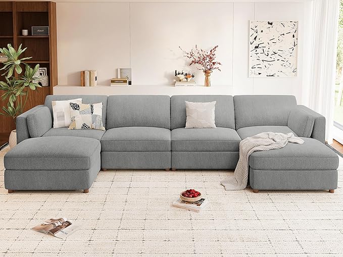 CUGOAO 153.4'' Modular Sectional Sofa, Oversized U-Shaped Sectional Couch with Ottoman, Deep Seat Chenille Cloud Couch, Mordern Upholstered Couches for Living Room, Apartment, Office, Grey