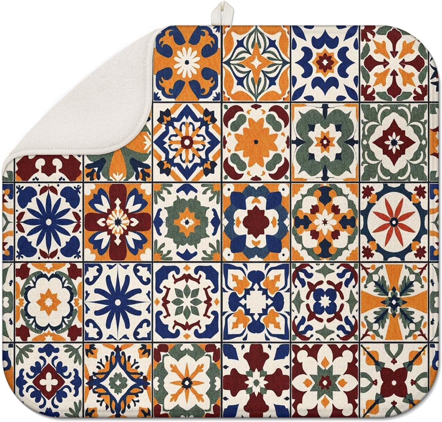 Mexican Tiles Drying Mat 16" X 18" Vintage Kitchen Counter Stone Dish Drying Mats For Kitchen Counter Xmas Drying Mats For Home Counter Drying Mats For Dishes Dish Table Mat Drying Mat