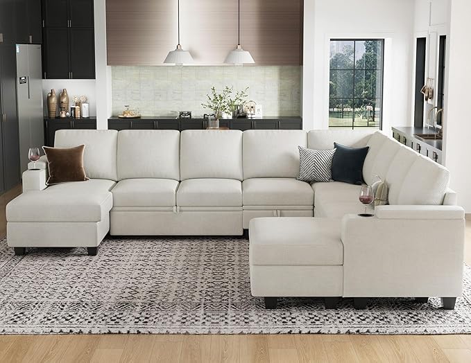 Belffin Oversized Sleeper Sofa U Shaped Modular Sectional Couch with Double Storage Chaise Convertible Sofa Bed. White Couch