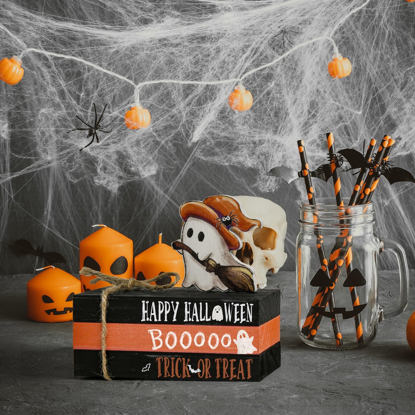 Smile Halloween Wooden Stack, Ghost Bat Mini Faux Books Bundle, Trick or Treat Tiered Tray Decorations, Indoor Decor for Kitchen Bathroom and Home Table Shelf