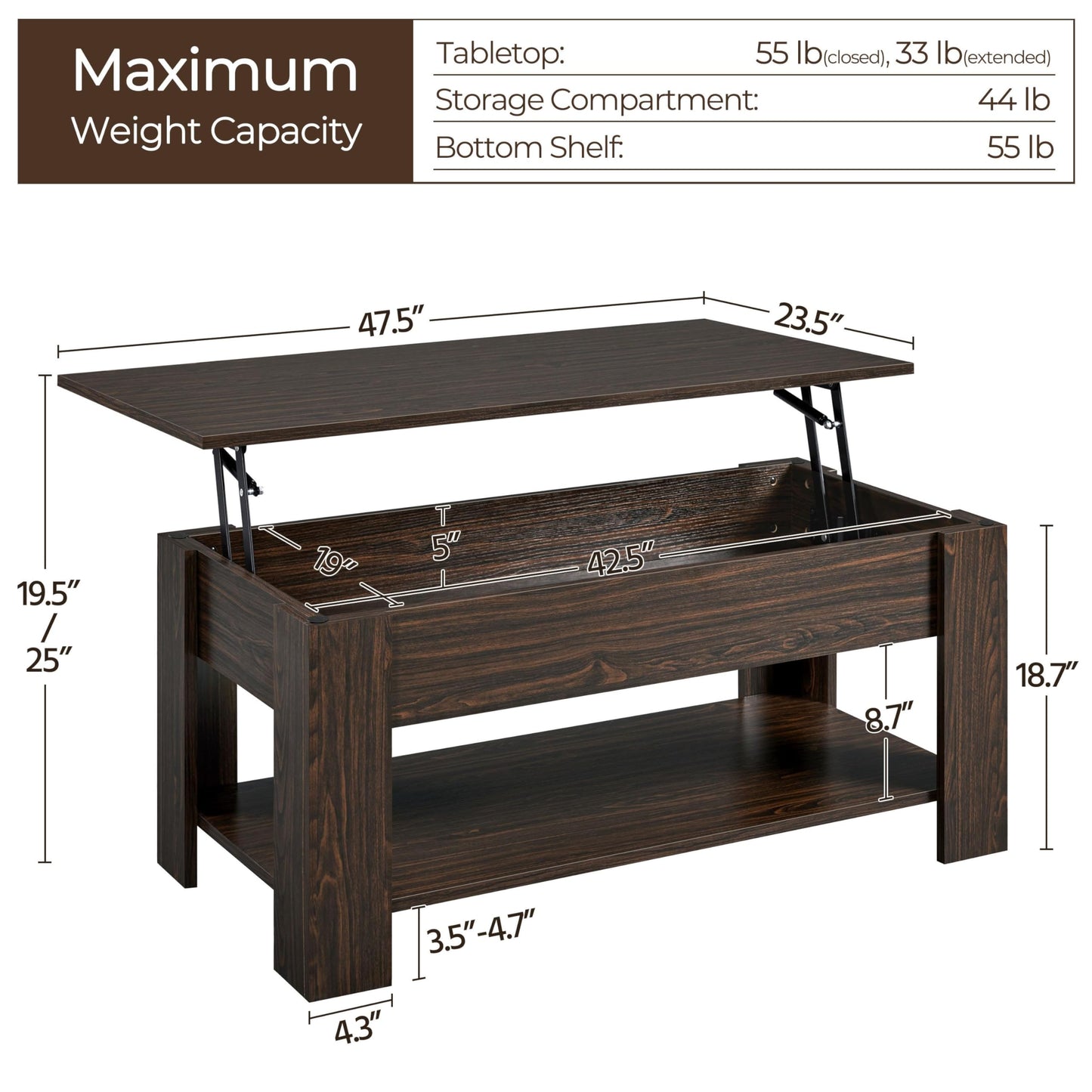 Yaheetech Lift Top Coffee Table with Hidden Compartment and Storage Shelf, Rising Tabletop Dining Table for Living Room Reception Room, 47.5in L, Espresso