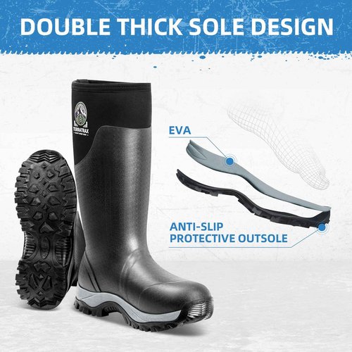 TerraTrax Men's Waterproof Insulated Rubber Hunting Boots – 6mm Neoprene Rain Boots for Outdoor Work, Fishing, Farming & Gardening Black Size 9