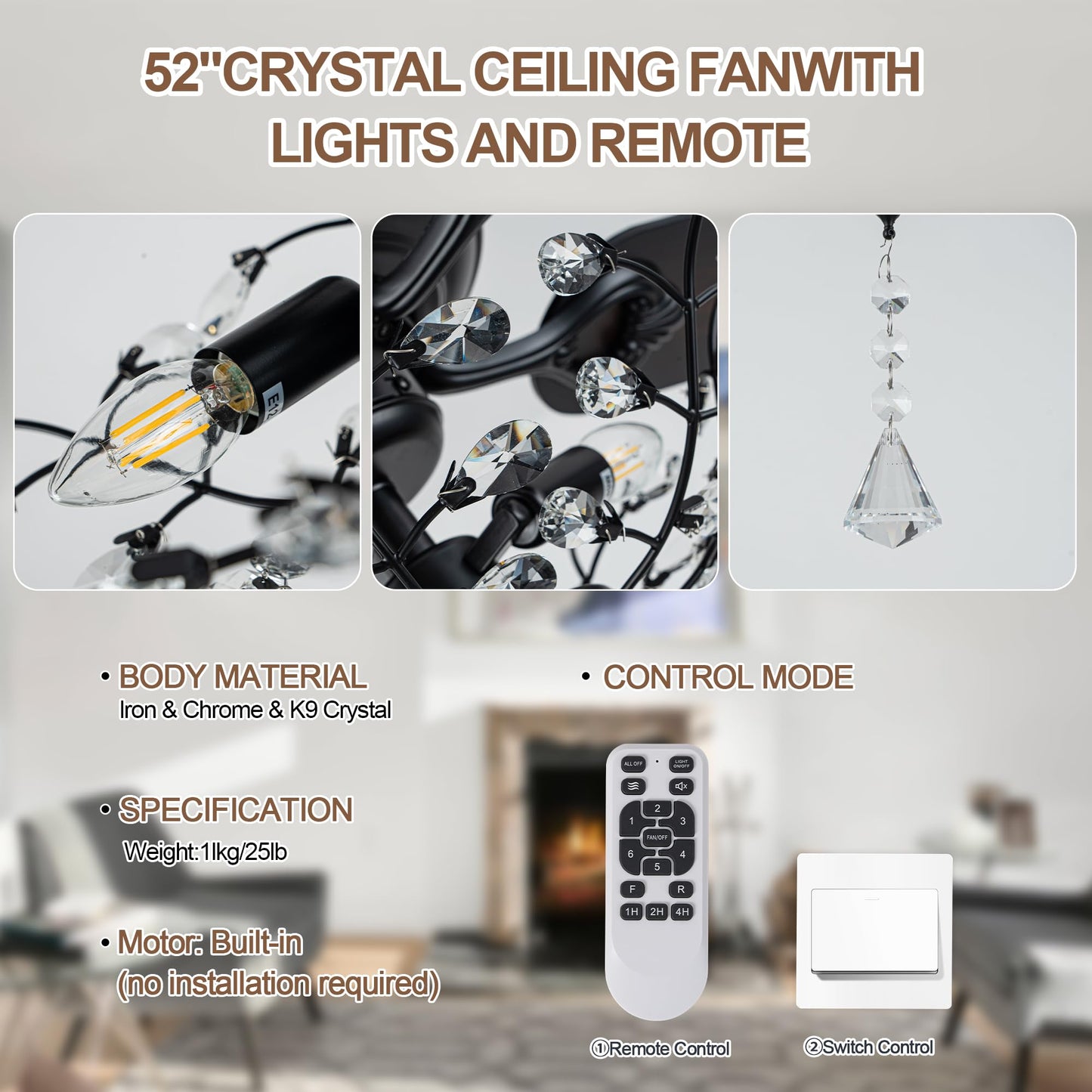 Oaks Aura 52 Modern Crystal Chandelier Ceiling Fans With Lights, Gorgeous Reversible Motor And 6 Speed Ceiling Fan Light Fixtu