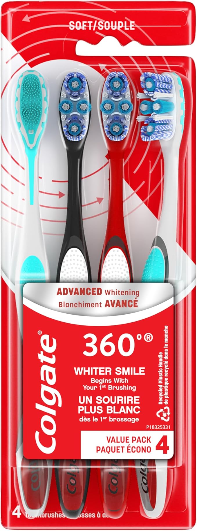 Colgate 360 Advanced Whitening Soft Toothbrush Pack, 4 Adult Soft Toothbrushes with Cheek and Tongue Cleaner, Helps Clean Your Teeth, Tongue, Cheeks, and Gums, 4 Pack