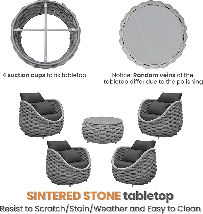 Erotr Woven Rope Deck Furniture Set: 5 Pieces Aluminum Patio Conversation Set All Weather - Cushioned Outdoor Sofa Set Assembled - Metal Modern Couch Set for 400 lbs Porch Deck Garden Poolside Hotel