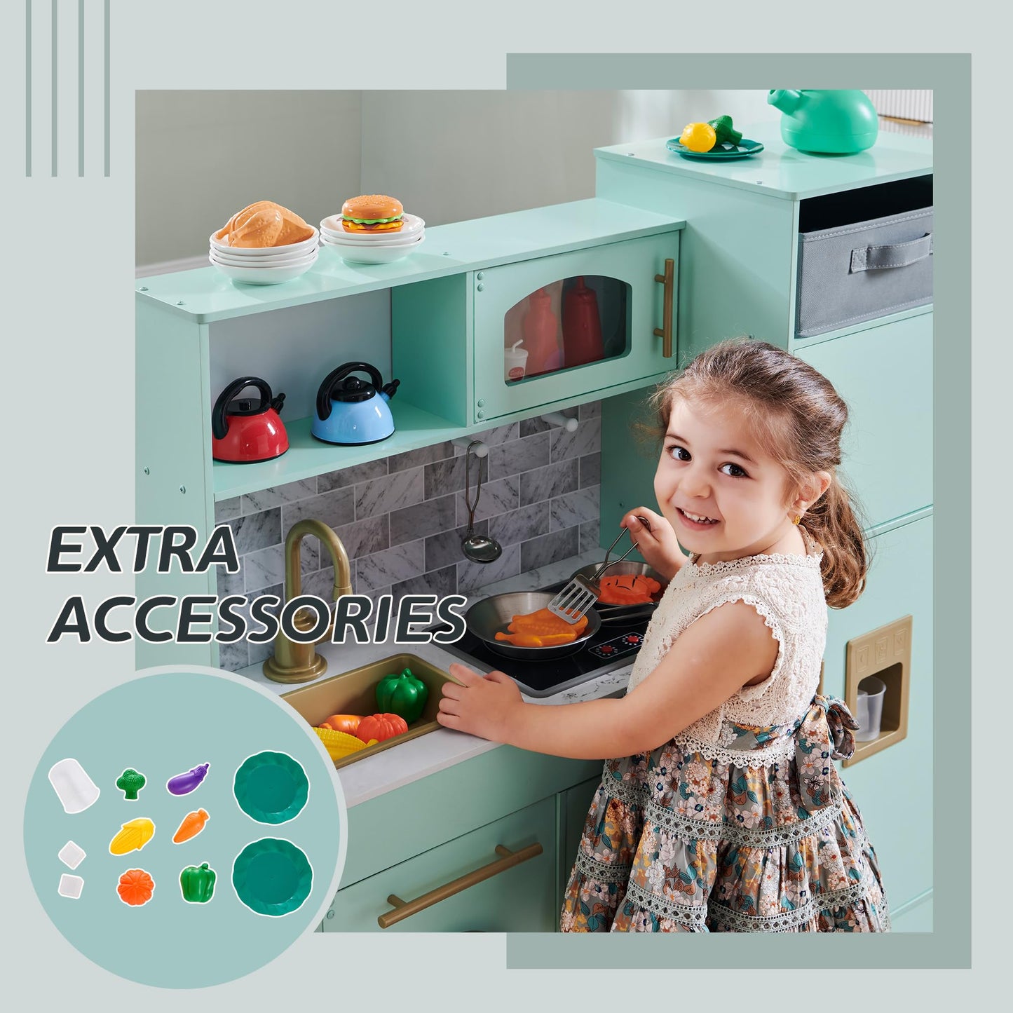 IFBUY Play Kitchen for Kids, Wooden Kids Kitchen Playset with Lights and Sounds, Kitchen Set for Toddler with Storage Box, Ice Maker, Oven and 11 Accessories for Boys and Girls Ages 3+ (Light Green)