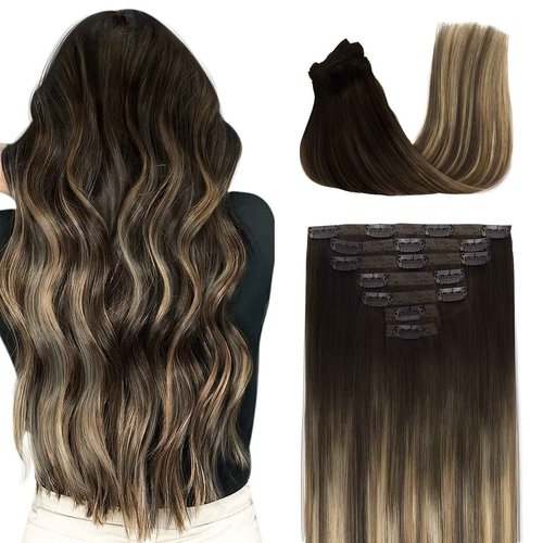 Fimislosion Real Hair Extensions Clip in Human Hair, Seamless Clip in Hair Extensions Real Human Hair, 16 Inch Clip ins extensions for women, Balayage Dark Brown to Middle Brown 120G 7Pcs