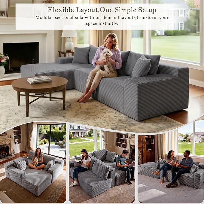 105’’ L-Shape Modular Sectional Sofa with Chaise, Convertible Cloud Couch, Corduroy Fabric & High-Density Memory Foam, No Assembly Required for Living Room (Grey, Left Facing Chaise)