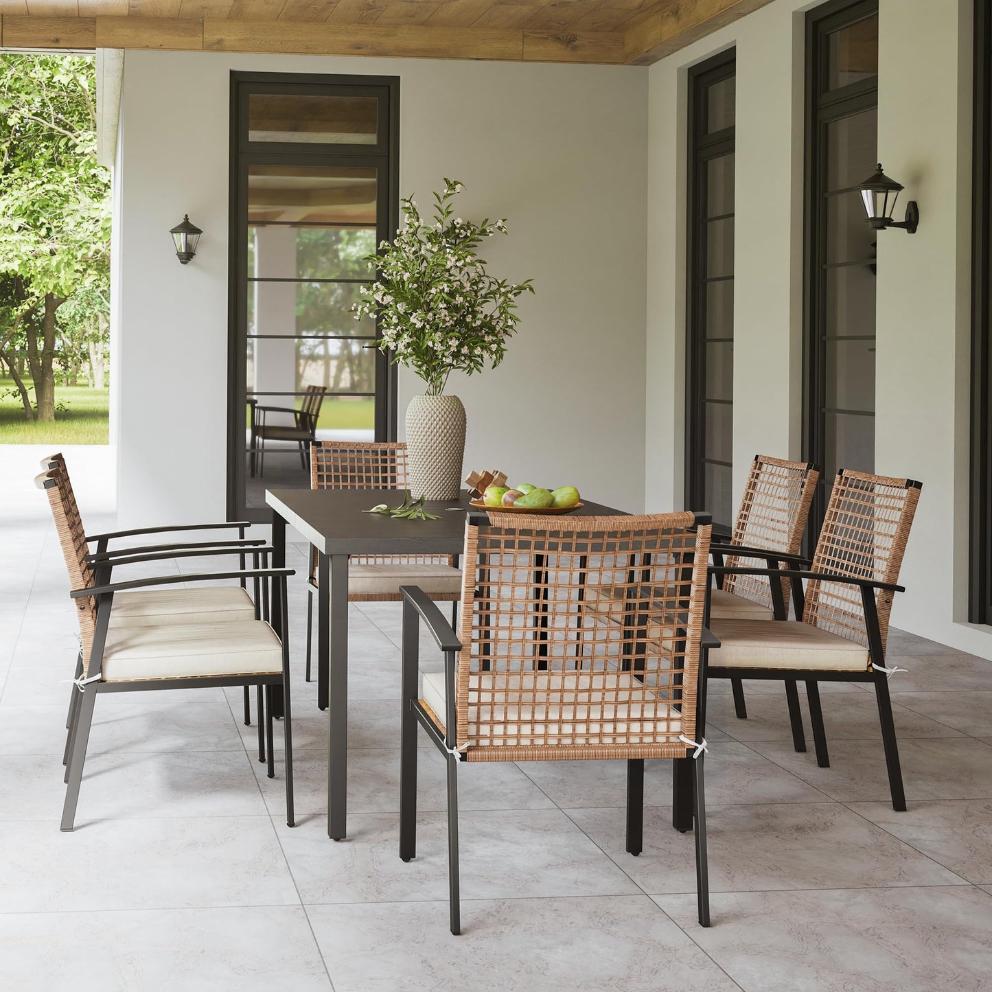 LAUSAINT HOME 7 Pieces Patio Dining Set, Outdoor Furniture Set of 6 Chairs with Soft Cushion and Iron Slats Table Top with Umbrella Hole, Conversation Set for Backyard, Garden and Poolside