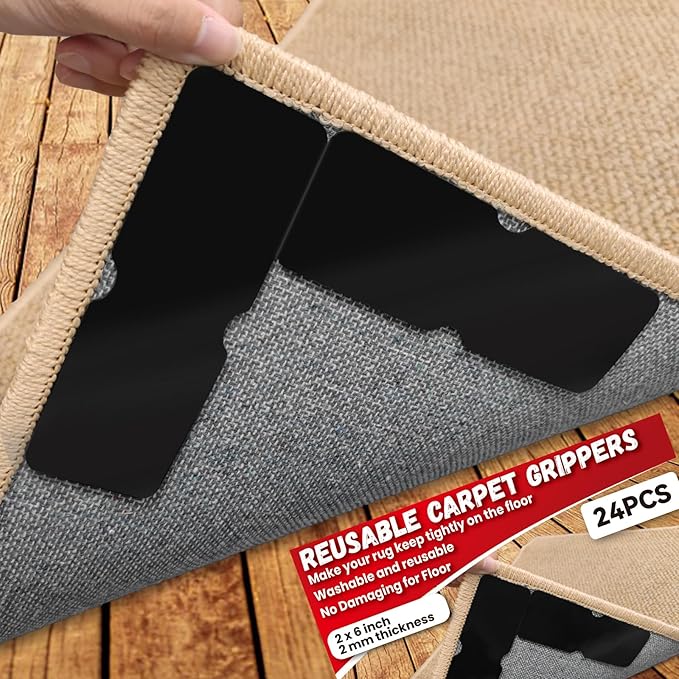 Rug Carpet Non Slip Grippers, Reusable Double Sided Carpet Tape Pads, Strong Adhesive Grippers for Area Rugs, Keep Corners Flat, No Damaging for Floor, 24Pcs