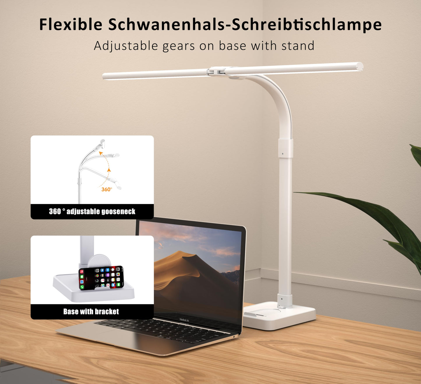 Ksunun Double Head LED Desk Lamp, Architect Desk Lamps for Home Office, 24W Brightest Workbench Office Lighting-5 Color Modes and 5 Dimmable Eye Protection Modern Desk Lamp (White-Desktop, Big)