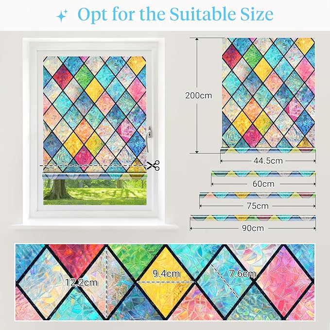 Haton Stained Glass Window Film, Rainbow Window Privacy Film, Decorative Sun Blocking Glass Clings Stickers, Static Cling Colorful Lattice Coverings Decals for Home Door 35.4" x 157.4"