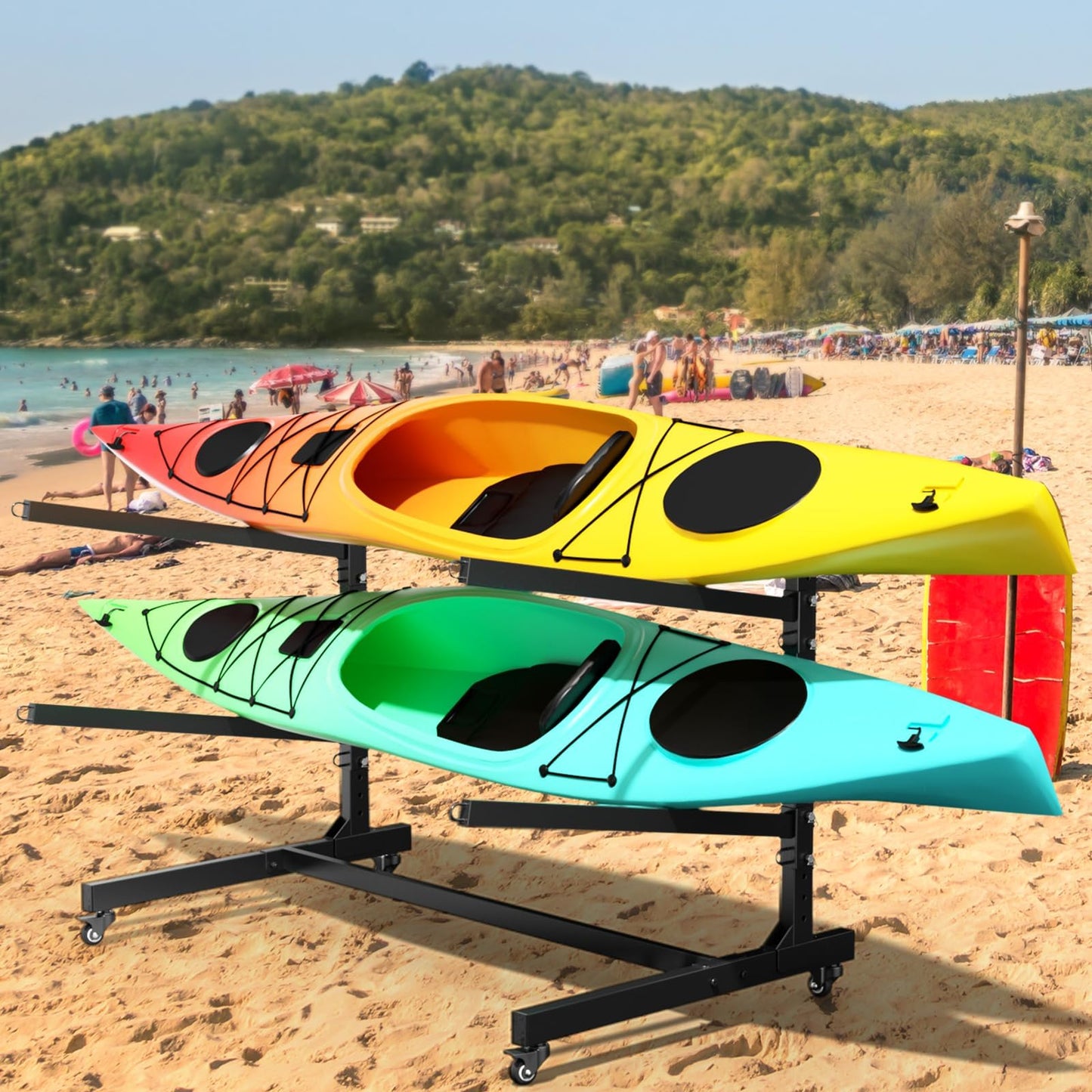 Baotree 2 Levels Heavy Duty Freestanding Kayak Storage Rack with Lockable Wheels, Adjustable Metal Stand for 2 Kayaks, Canoes, SUPs, Paddleboards & Surfboards, Indoor & Outdoor Use