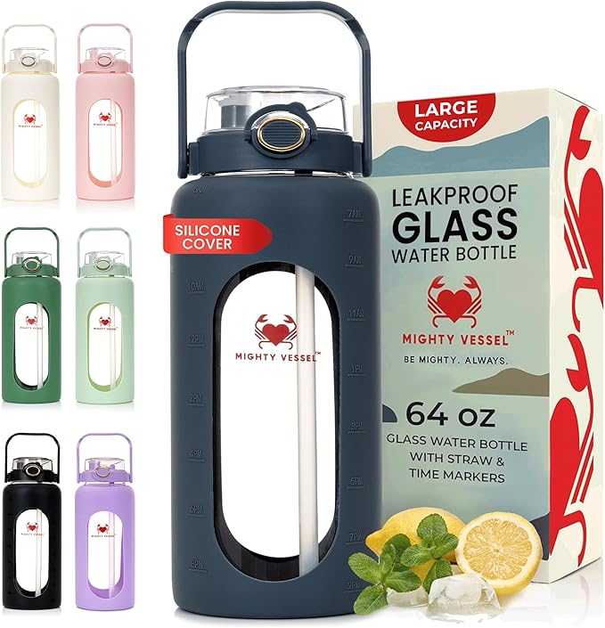 MIGHTY VESSEL 64 oz Glass Water Bottle – Dark Blue | Large Borosilicate Glass Jug with Straw & Time Marker – Leakproof, Tr...