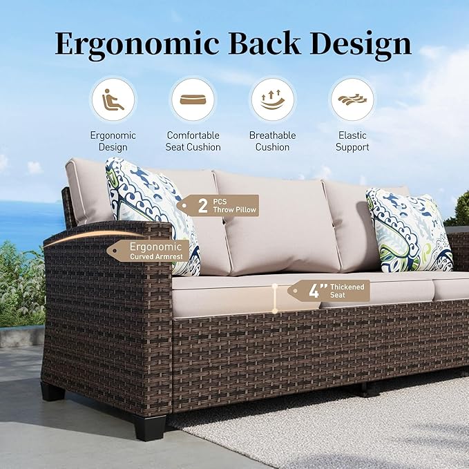 SUNSHINE VALLEY Patio Furniture Set Outdoor Furniture Brown Wicker Rattan Patio Conversation Sets with Cushion Outside Sofa Set,6 Pieces 9 Seats,Beige